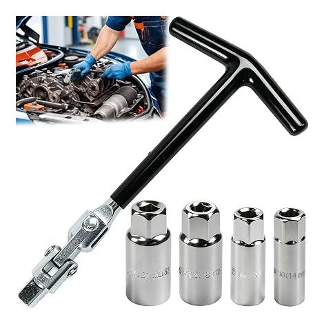 Spark Plug Socket Set of 5 Spark Plug Wrenches 14 mm 16 mm 18 mm 21 mm with 4 Sizes Universal T-Shaped Socket Carbon Steel Spark Plug Wrench for Cars and Motorcycles (1/5)