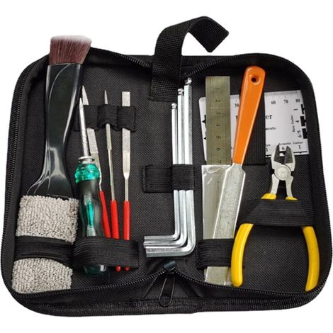 Kit d'outils pour guitare (15 pièces) : kit complet de réparation et d'entretien avec sac, organiseur de cordes et outil de mesure.