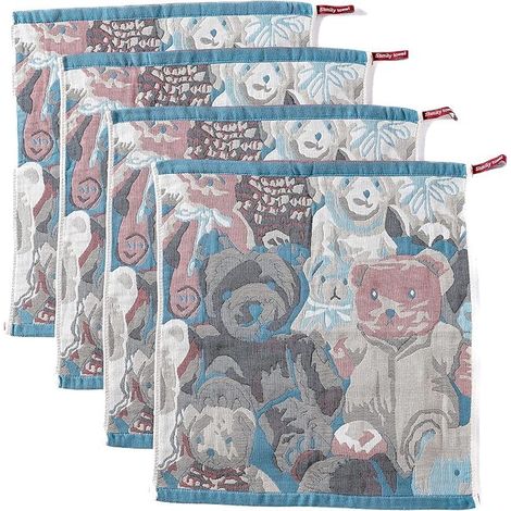 Lot de 4 torchons de cuisine 100 % coton double face avec boucles de suspension - Torchons polyvalents pour la maison, la cuisine et la salle de bain - 41 x 39 cm - Avec motif d'ours mignon (1/5)