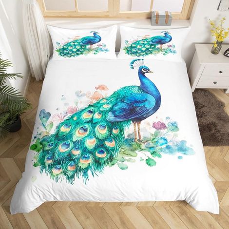 Ensemble de literie 135x200cm avec motif paon, microfibre, bleu vert