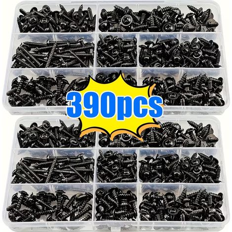 Coffret 390 vis à bois noires tête ronde avec rondelle PH, M3 M3.5 M4 M5 autotaraudeuses cruciformes (1/5)