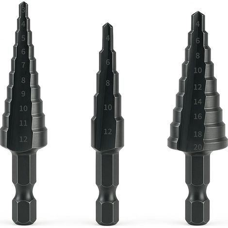 Set of three pieces, step drill bit made of cobalt alloy and high-speed steel, black. (1/5)