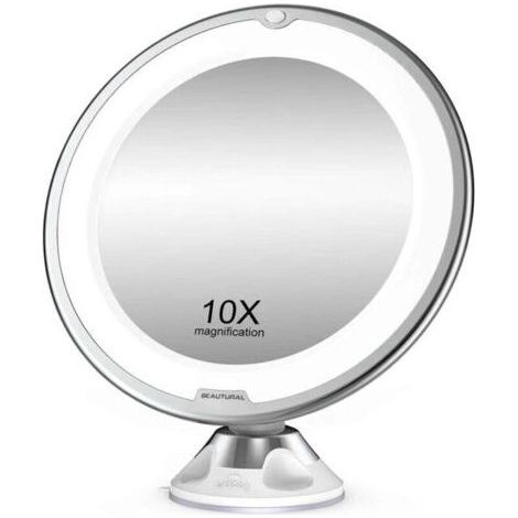 ALLIANDISGrossissant Miroir Maquillage 10x avec Lumières LED 1 Joint à Bille d'attache Ajustable à 360° Miroir Cosmétique Portable, pour Salle de Bain, Voyage (1/4)