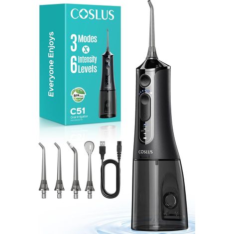 C51 Hydropulseur Portable with Jet, 3 Modes, 6 Niveaux De Pression Jet Dentaire Pour Orthodontie, Appareils Dentaires, Gencives Sensibles, Plusieurs Utilisateurs,Noir Brillant (1/5)