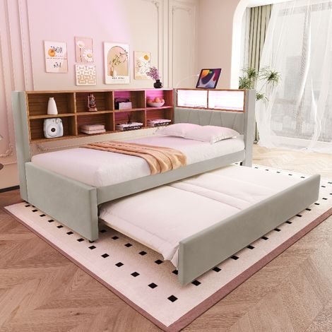 Schlafsofa 90x200 mit Ausziehbett 90x190, Multifunktionsschlafsofa mit LED-Beleuchtung, USB-Steckdosen und Ablagefächern, Flanell Hellgrau (1/5)