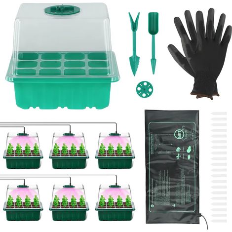 Mini-serre, kit de 6 mini-serres d'intérieur, 72 compartiments, avec 8 lampes horticoles LED, tapis chauffant pour semis, gants et plateaux de semis (1/5)