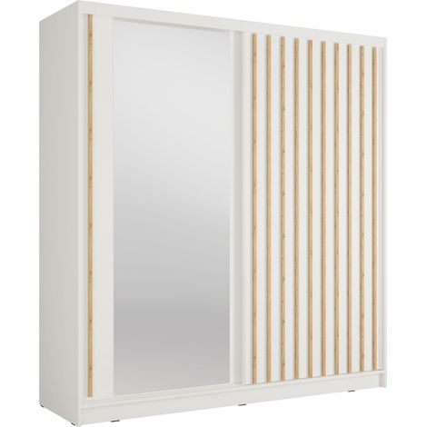 Armoire KAZU 2 portes coulissantes avec miroir et tasseaux décoratifs 205 cm