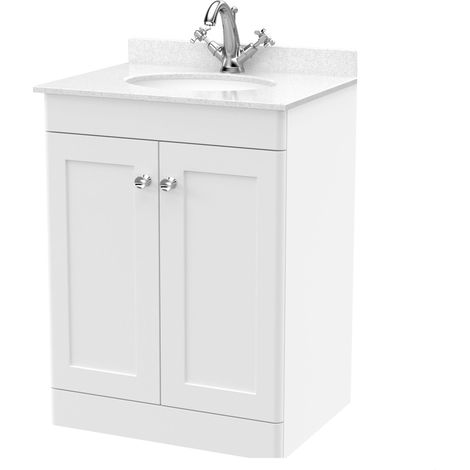 Swynnerton Traditional 2 Door Floor Standing Vanity Unit with Marble Basin, Satin White, 600mm