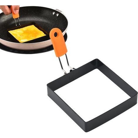 Molde cuadrado para huevos - Molde para tortitas con forma de aro - Preparación del desayuno - Mango plegable - 10x10cm - Negro (1/5)