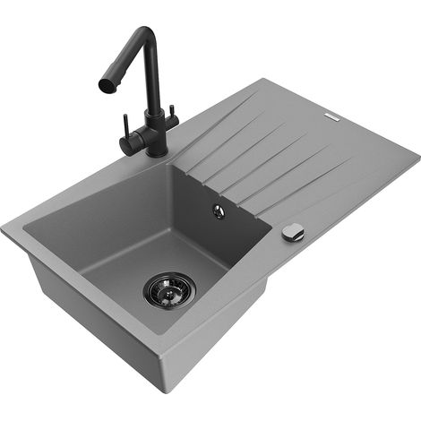 Mexen Cesar Granitspüle 1-Becken mit Abtropffläche und Küchenarmatur Duero, grau - 6514-71-671600-70-B (1/5)