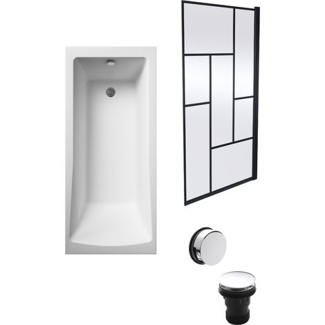 Square Single Ended 1700x700 with Leg Set & Black Abstract Framed Screen & Chrome Waste
