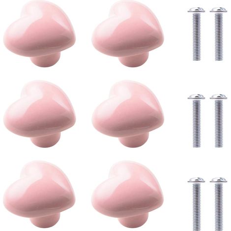 Lot de 6 boutons en céramique rose en forme de cœur, avec vis, pour tiroirs, placards, meubles de cuisine - poignées décoratives