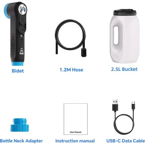 Bidet électrique portable (noir) 1600 mAh rechargeable, pulvérisateur de toilette manuel Shataf pour l'hygiène personnelle en voyage, camping, douche et camping-car. (1/5)