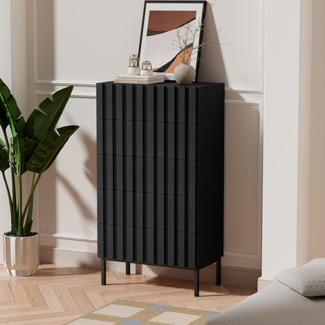 UEV Cassettiera Naturale con 5 Cassetti, Settimino Salvaspazio con Motivo a Doghe di Legno, Cassettiere Camera da Letto Solida e Stabile con Design Antiribaltamento, 60 x 34 x 110 cm, Nero