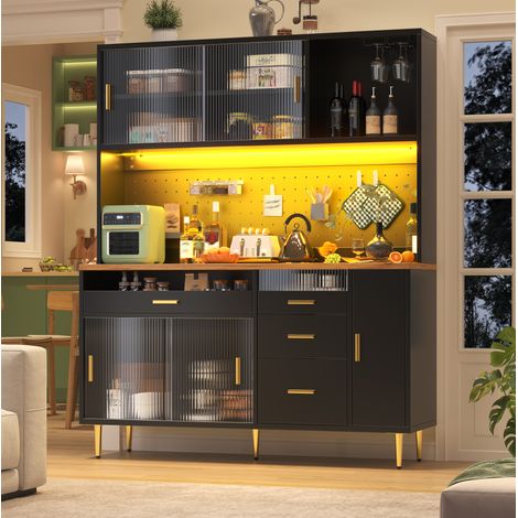 Hohes Sideboard mit LED, Schiebetüren aus Glas, 145 x 39 x 171 cm, schwarz, HAVRYA (1/5)