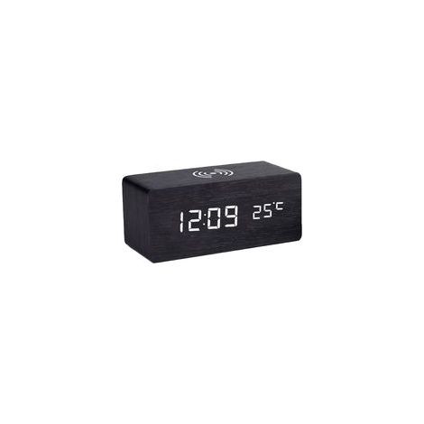 Horloge en bois à chargement sans fil - Bois noir, inscription blanche - Version avec affichage de la température (1/5)