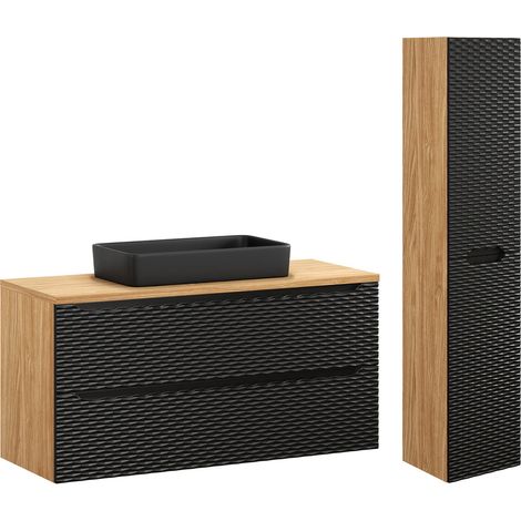 Ensemble meuble simple vasque 120cm 2 tiroirs et colonne Elora Noir et bois (1/5)