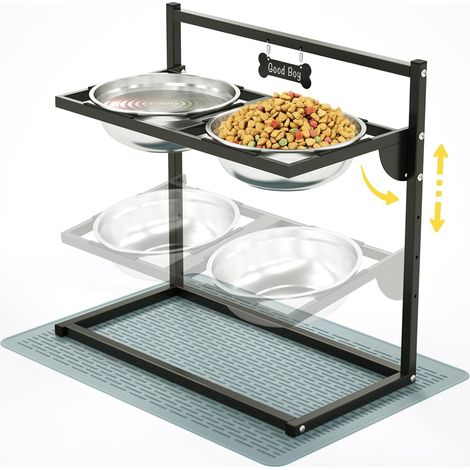 1 Support Réglable - Gamelle Surélevée Chien - Bol Acier Inoxydable - 4 Hauteurs Inclinaison 10° Pour Grande Race Anti-Bruit Noir 60x30x55cm (1/5)