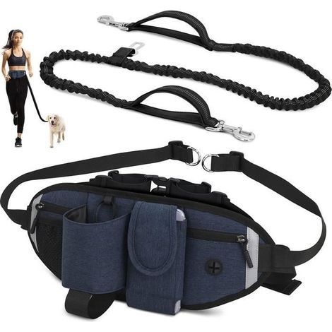 Freihändige Hundeleine, elastischer, stoßdämpfender Hundejogginggürtel mit verstellbarer Hüfttasche und Ziernähten (Blau) (1/4)
