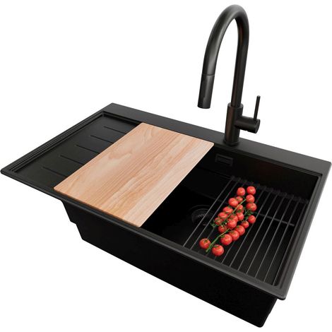PRIMAGRAN Evier Cuisine en Granit 78x50cm,Lavabo 1 bac + Robinet 40x20cm + Kit de Vidage + Accessoires, Évier à Encastrer au meuble 60cm - Sydney, Tout Noir