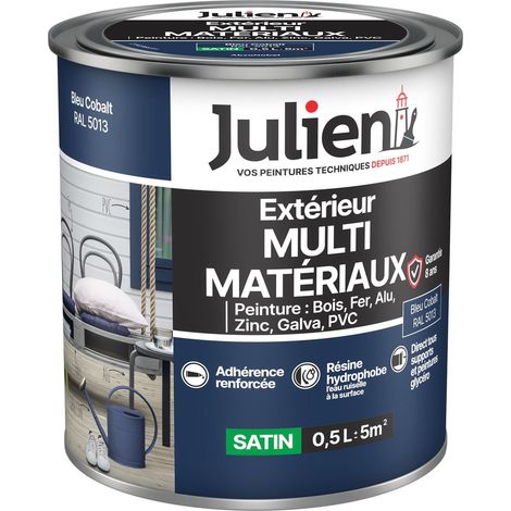 Julien Peinture Multi-Matériaux Satin en phase Aqueuse - Bois, Fer, Alu, PVC, Zinc, Acier galvanisé, brut ou peint - Bleu Cobalt 0,5 L