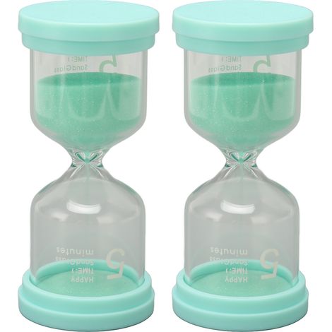 Sablier vert 5 minutes, 2 pièces, plastique durable, verre épais transparent, petit horloge à sable portable pour cuisine, salle de classe, fête (1/5)