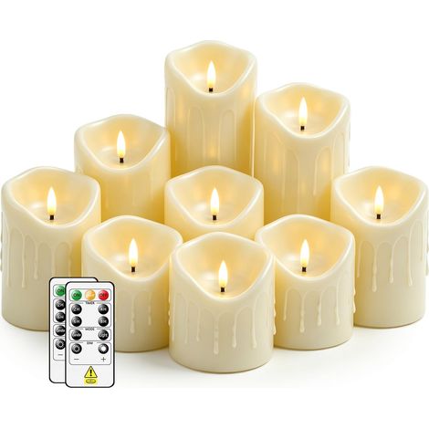 Bougies sans flamme avec télécommande, bougies sans flamme vacillantes à piles, bougies LED avec minuterie 2/4/6/8 h, ensemble de 9 bougies sans flamme réalistes en cire coulée (D3 x H 3" 4" 5" 6" 7") (1/5)