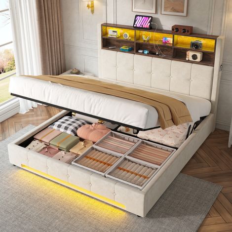Bett 160x200 cm Beige aus Samt und Metall mit LED, USB-C, Stauraum und Multifunktions-Kopfteil (1/5)