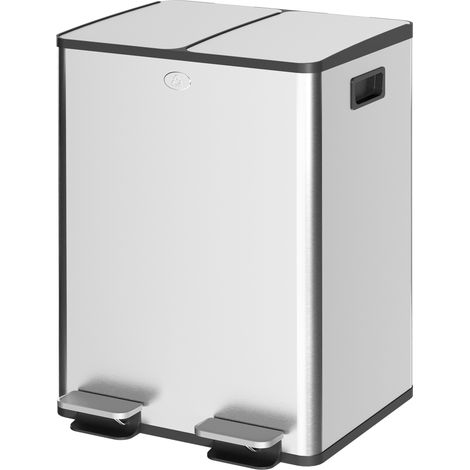Cubo de basura acero inoxidable 2 compartimentos 40L pedal tapa cierre suave extraíble plata 2x20L