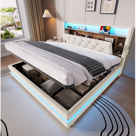 Lit double coffre 160x200 cm velours beige LED, rangement gain de place, sans matelas – MEUBLIV (1/5)