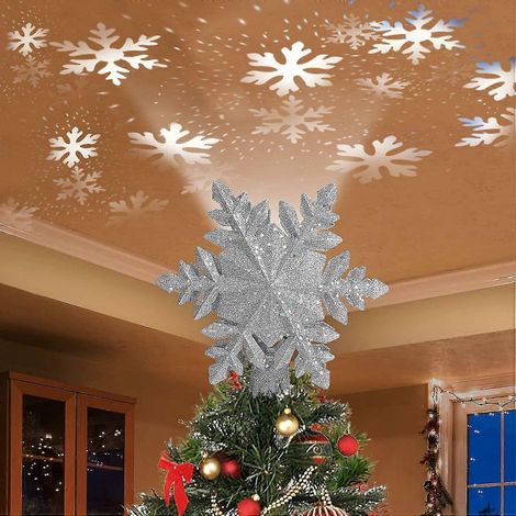 Beleuchtete Weihnachtsbaumspitze mit silbernem Schneeflockenprojektor. Rotierende LED-Beleuchtung. (1/5)