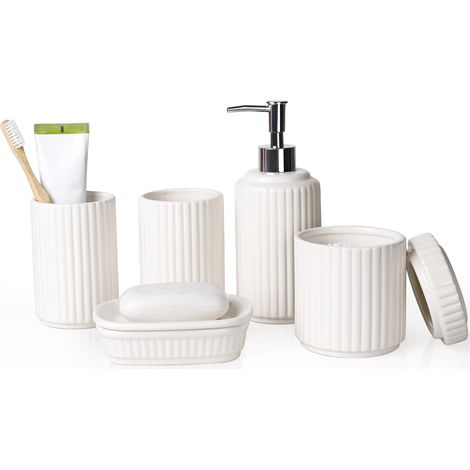 Ensemble de salle de bain en céramique 5 pièces avec distributeur de savon, porte-savon, porte-brosse à dents, boîte à cotons-tiges, beige et blanc (1/5)