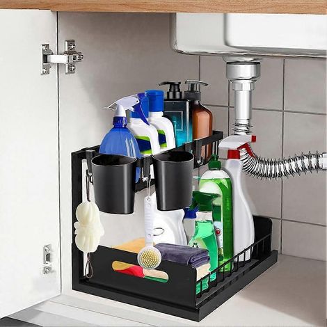 Étagère de rangement de cuisine sous l'évier, avec tasses et crochets, étagère de rangement coulissante en forme de L à 2 niveaux avec tiroirs coulissants. (1/5)