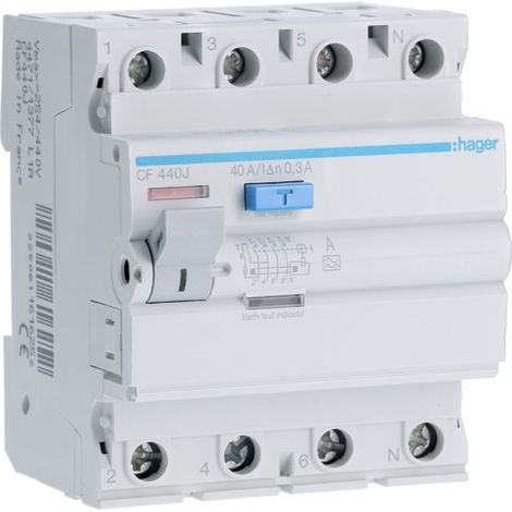 Cf440j Hager - Interrupteur Différentiel 4p 40a 300ma - Type A - Auxiliarisable - Entrée Haute / Sortie Basse