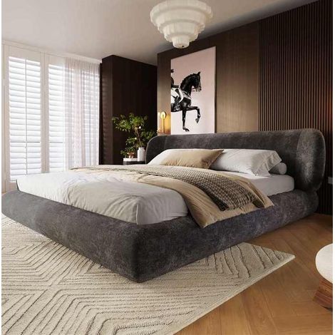Lit adulte 140x190 cm rembourré en chenille avec tête de lit, sommier à lattes, bords arrondis, gris (1/5)