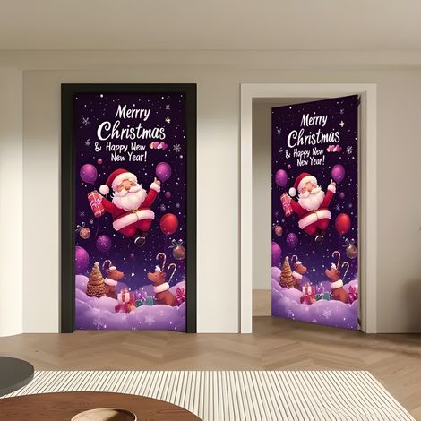 Nouvelle décoration de porte de Noël, motif Père Noël pour jardin, cour ou extérieur - 90 x 180 cm (perforée + ruban) - 7