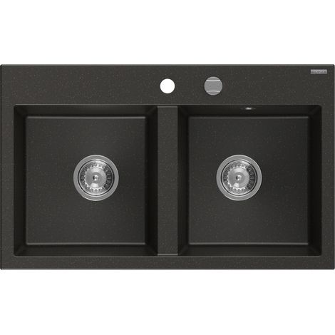 Mexen Hektor évier en granit à 2 compartiments 800 x 480 mm, noir/métallisé or, siphon chromé - 6521802000-75 (1/5)