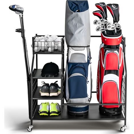 Golf Bag Storage Rack For Garage Double Golf Bag Organizer w/ Lockable Wheels (1/5)