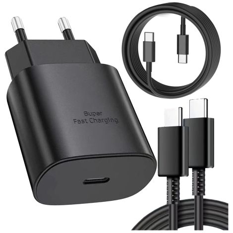 Chargeur mural USB-C Samsung 25 W d'origine + câble USB-C de 1,8 m, charge ultra-rapide, kit premium - Noir (1/5)