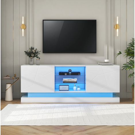 Meuble TV 160 cm blanc mat, étagère en verre réglable, 70 pouces, DESVIAE (1/5)