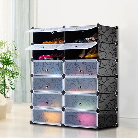Hofuton Armoire à Chaussures en Plastique Étagère à Chaussures 12 Cubes Meuble de Rangement Noir Imprimé (1/4)