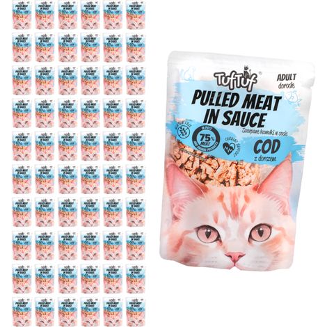 Pâtée pour chat TufTuf, sachet de 60 x 100 g, morue hachée en sauce (1/2)