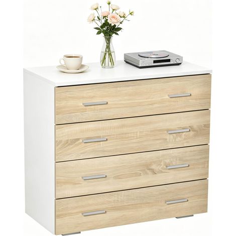 Cómoda minimalista de 4 cajones en blanco y madera clara (1/5)