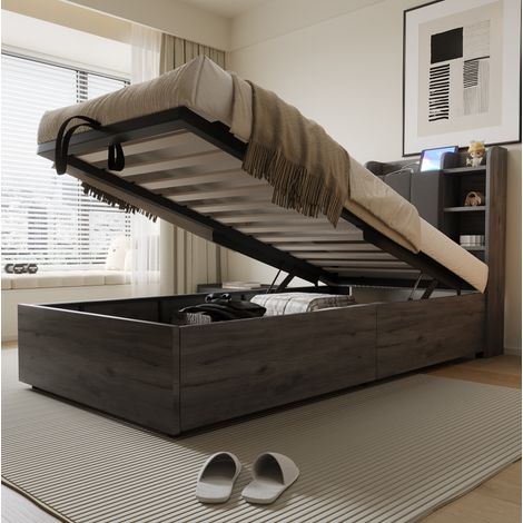 Cama individual 90x200 cm gris en MDF con almacenaje hidráulico, cabecero y puertos USB-C (1/5)