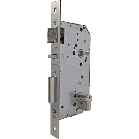 Serrure à encastrer pour portes bois, axe 60 mm, finition inox, têtière carrée (1/3)
