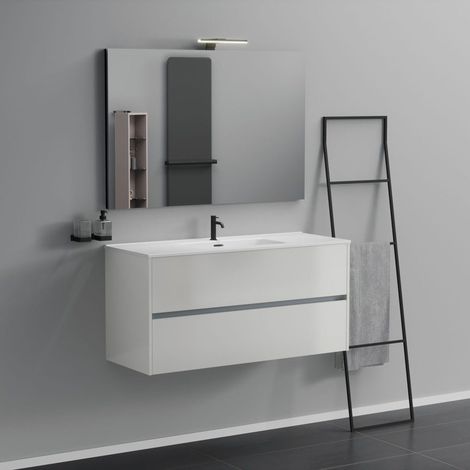Inda - Badezimmerschrank 2 Schubladen L.120 mit Waschbecken, Spiegel und Lampe - Glänzendes Weiß