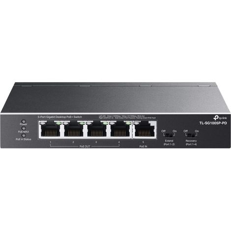 Switch réseau Ethernet Gigabit 5 ports TP-Link TL-SG1005P-PD, dont 4 ports PoE. Sans entretien, conçu pour une installation sur bureau ou murale. Robuste et fiable. (1/5)