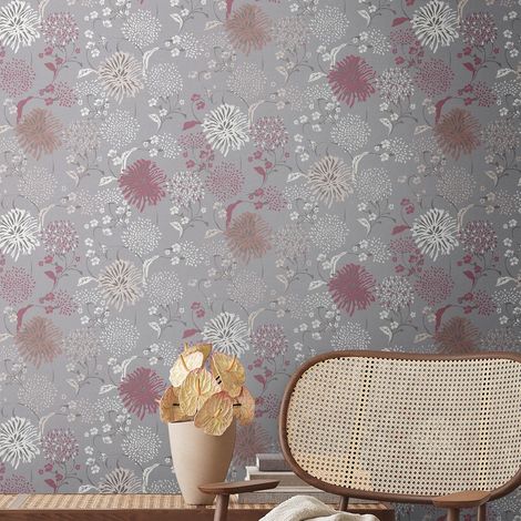 Papier peint floral sur fond gris foncé Tapisserie cottage à fleurs beiges et rouges Papier peint style campagne idéal pour couloir (1/5)