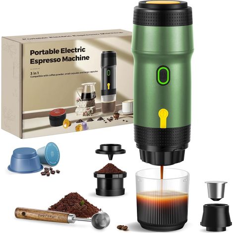 Cafetiere Portable, Expresso Machine a Cafe 3-en-1, 20BAR Pression, Extraction à 92°C, Batterie 7500mAh, Charge USB/Voiture, pour Capsules et Café Moulu (Vert) (1/5)