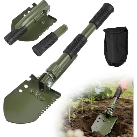 Pelle Multifonction, Mini Pelle Pioche Pliante en Acier au Carbone 39cm Compact et Portable Pelle de Survie pour Camping, Randonnée, Jardinage, Activités de Plein Air, Vert (1/5)